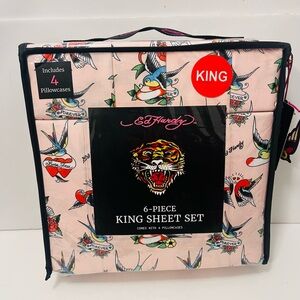 Ed Hardy 6 Piece Pink King Size Sheet Set Lovebirds Love Birds Born Free Forever